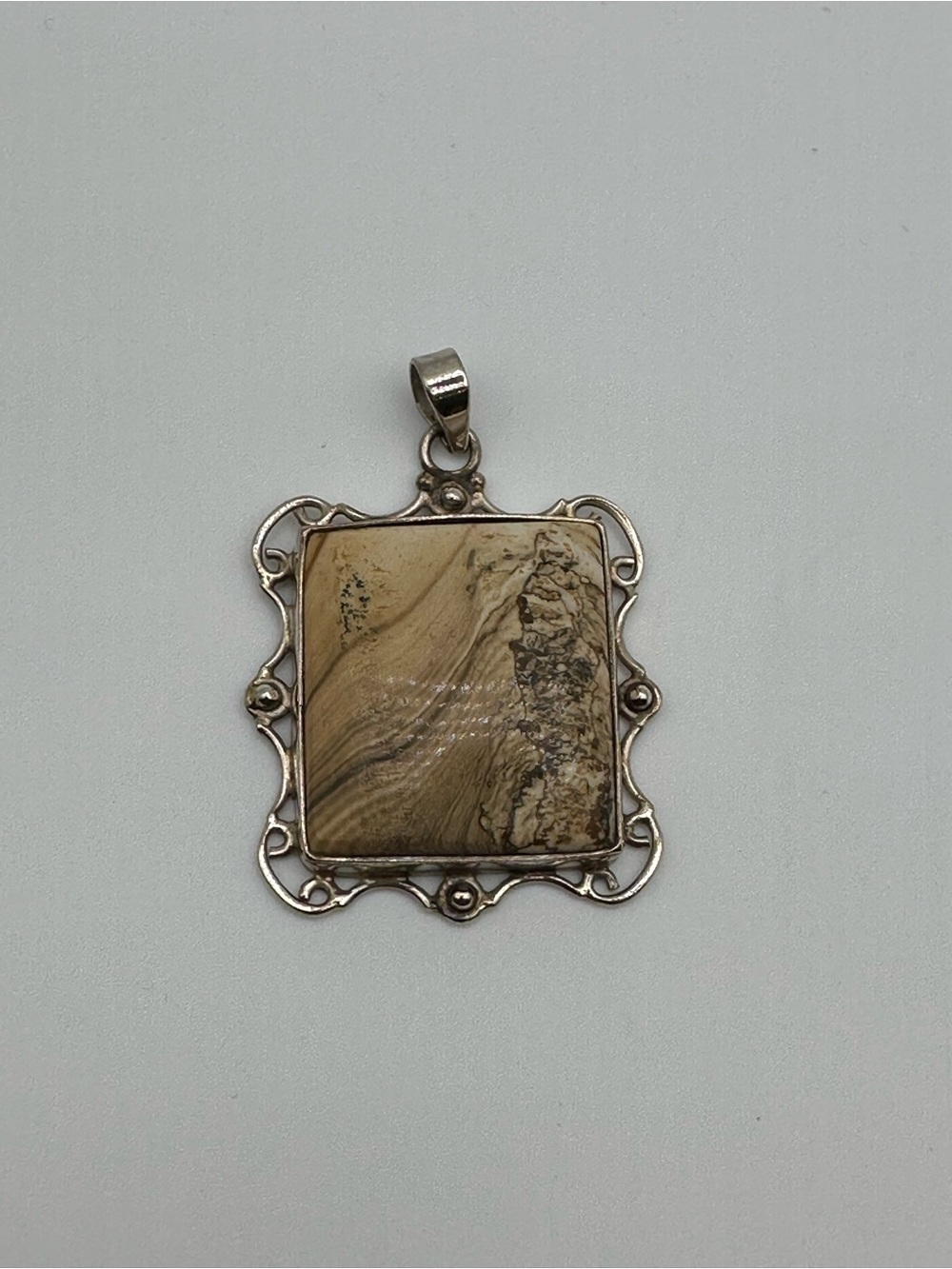 925 Sterling Silver Square Jasper Bezel Set Pendant Beige Brown Stone, Signed